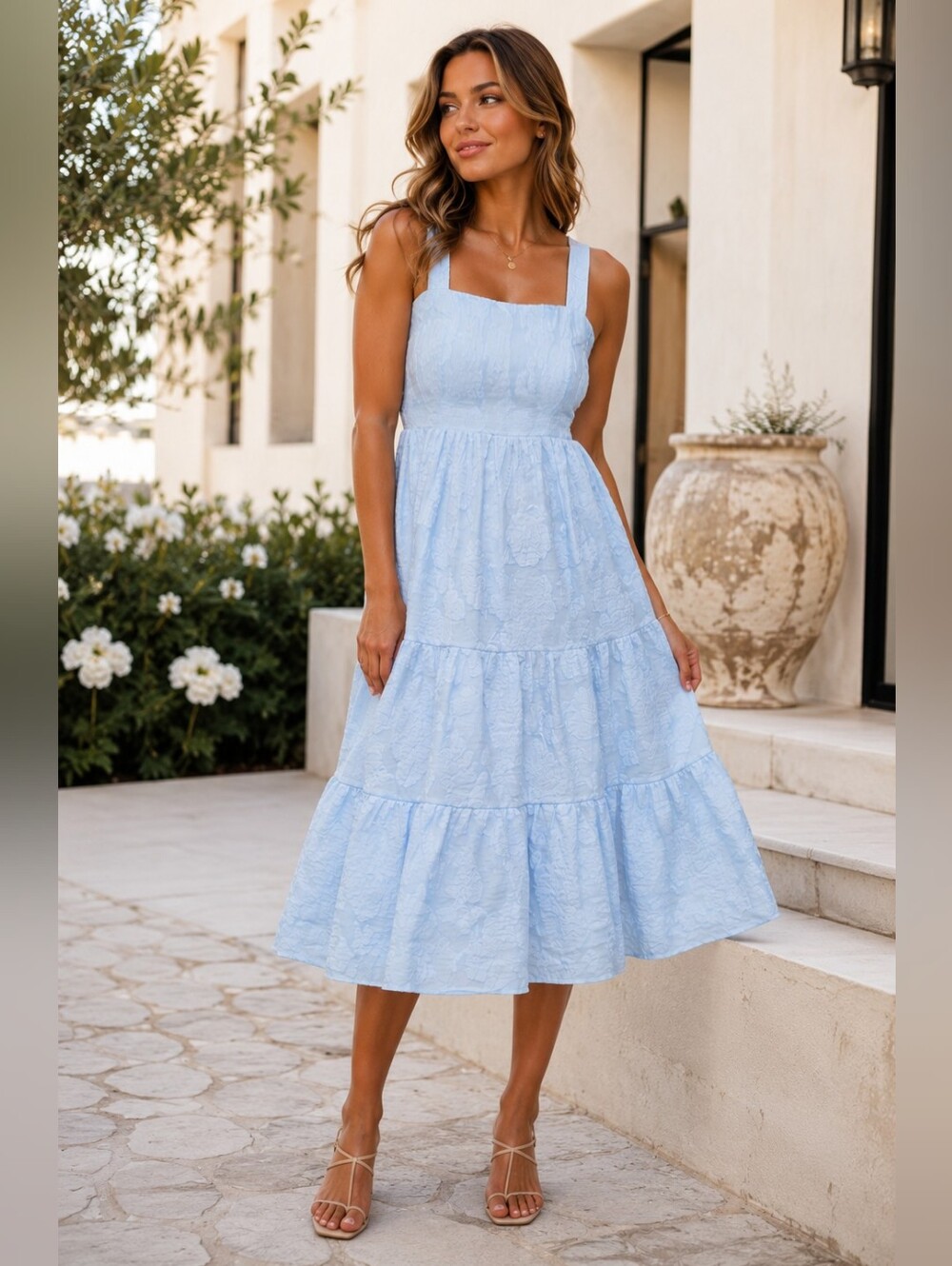 Amanda Upichard Light Blue Tiered Midi Dress
